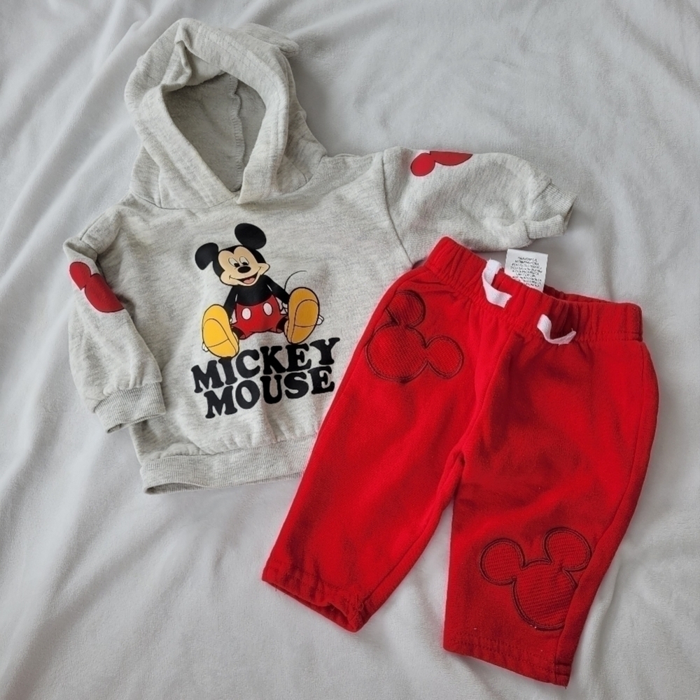 Disney baby Mickey Mouse hooded grey and red sweat suit 3-6m